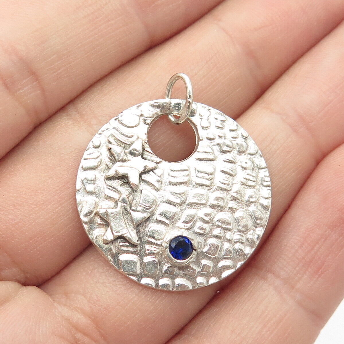 925 Sterling Silver Vintage Lab-Created Sapphire Star Round Amulet Pendant