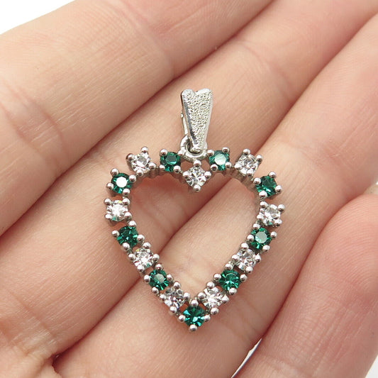 925 Sterling Silver Green & White C Z Open Heart Pendant