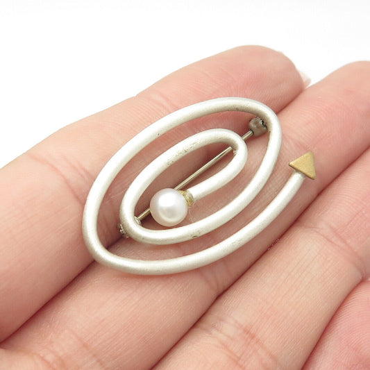 925 Sterling Silver Vintage Real Pearl 2-Tone Handmade Spiral Pin Brooch