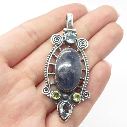 925 Sterling Silver Vintage Real Peridot & Blue Topaz & Amethyst Gem Pendant