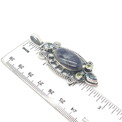 925 Sterling Silver Vintage Real Peridot & Blue Topaz & Amethyst Gem Pendant