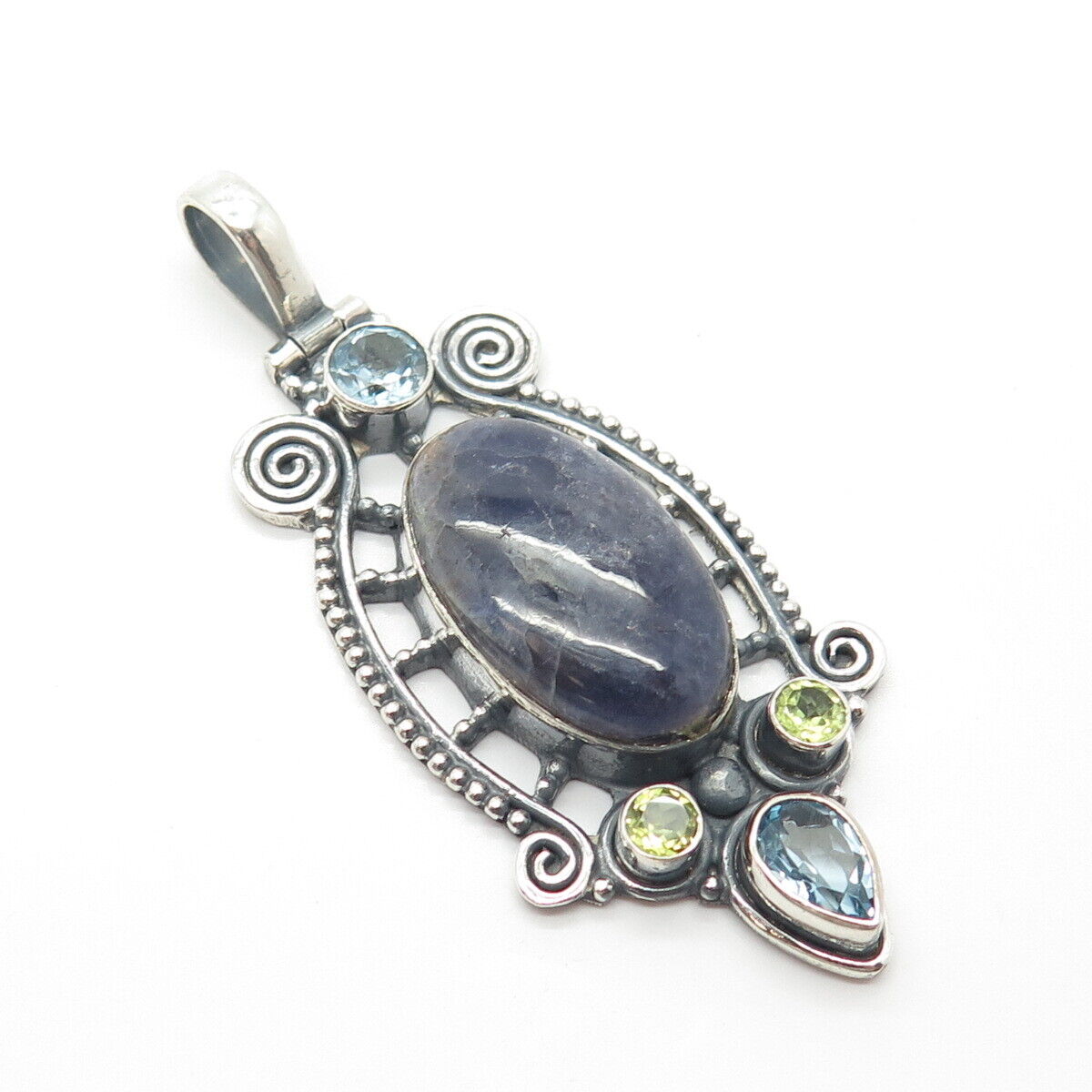 925 Sterling Silver Vintage Real Peridot & Blue Topaz & Amethyst Gem Pendant