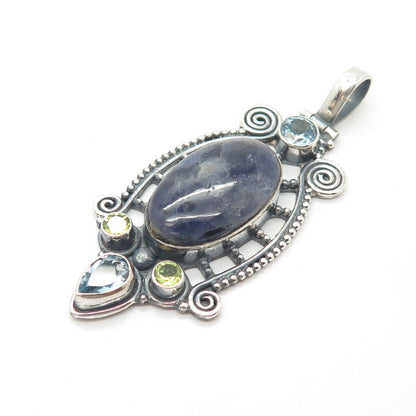 925 Sterling Silver Vintage Real Peridot & Blue Topaz & Amethyst Gem Pendant