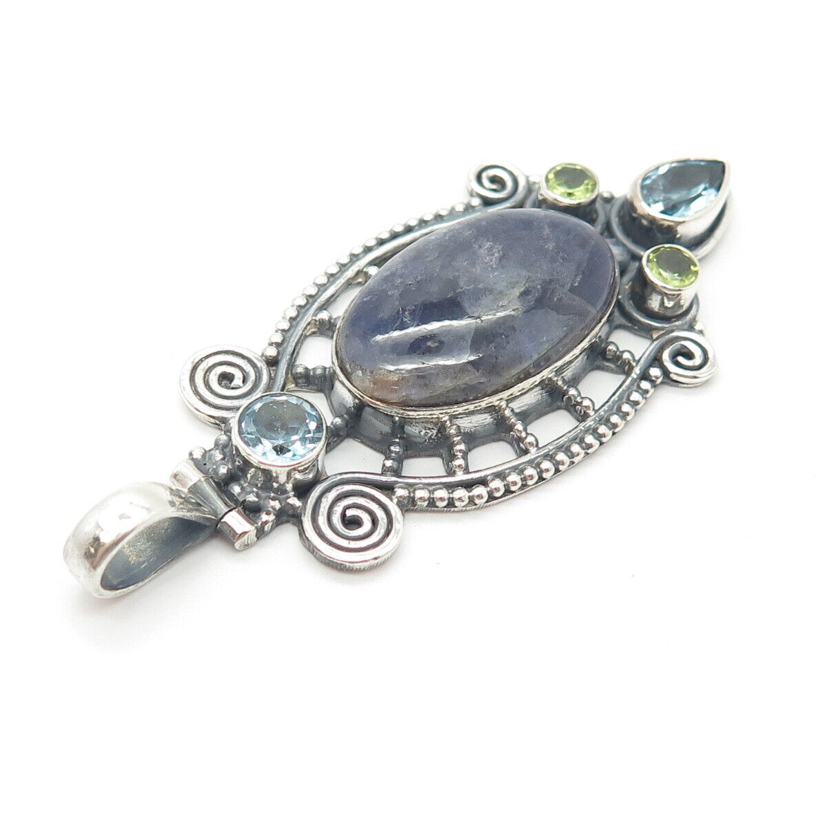 925 Sterling Silver Vintage Real Peridot & Blue Topaz & Amethyst Gem Pendant