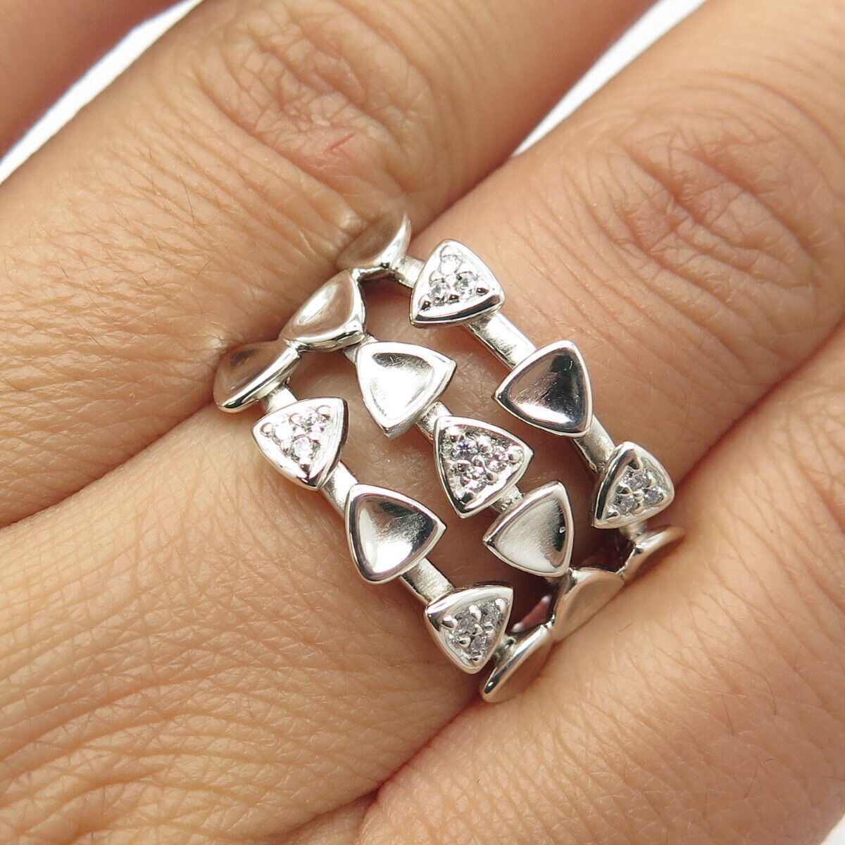 925 Sterling Silver C Z 3-Row Multi-Triangles Ring Size 7