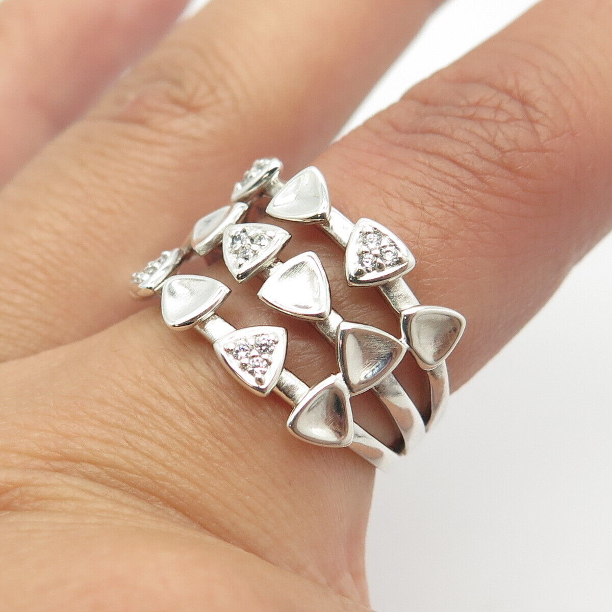 925 Sterling Silver C Z 3-Row Multi-Triangles Ring Size 7