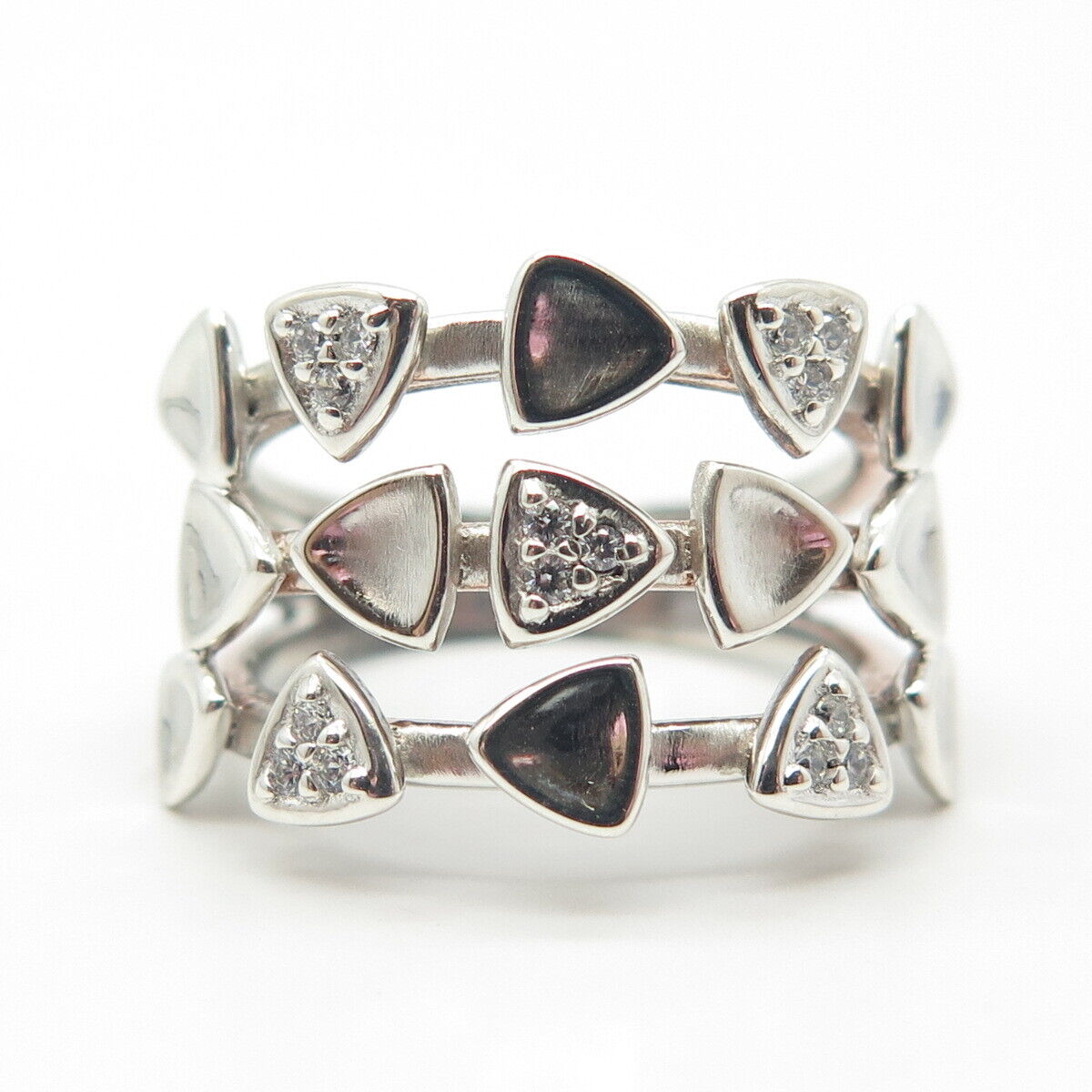 925 Sterling Silver C Z 3-Row Multi-Triangles Ring Size 7