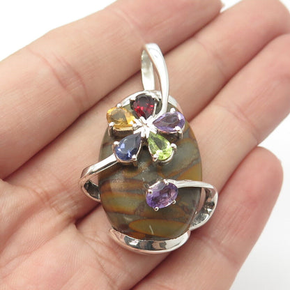 925 Sterling Silver Vintage Jasper Amethyst Citrine Peridot Garnet Gem Pendant