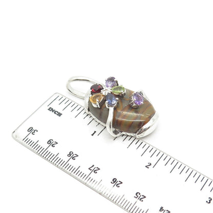 925 Sterling Silver Vintage Jasper Amethyst Citrine Peridot Garnet Gem Pendant