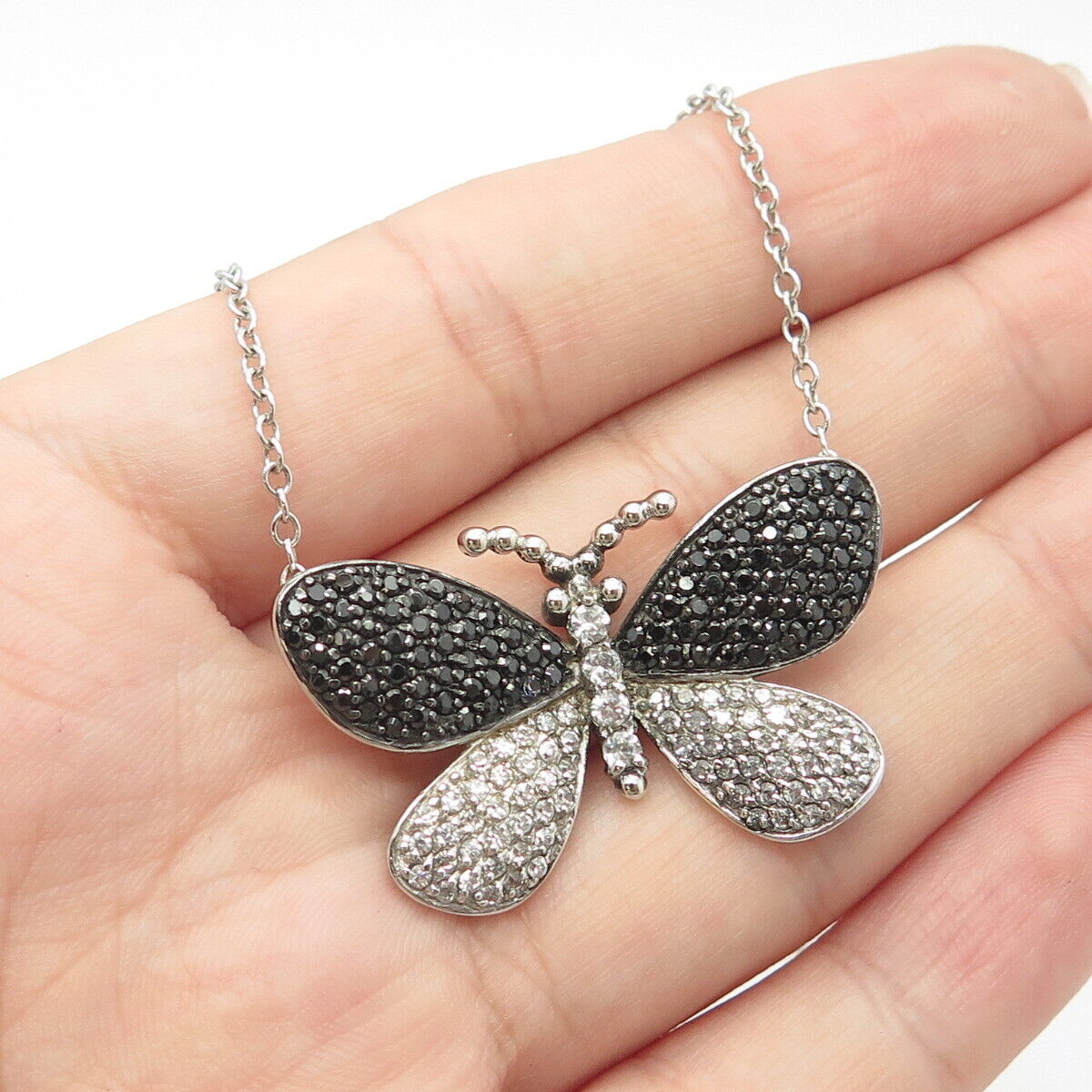 925 Sterling Silver Real Black Spinel Gem & C Z Butterfly Chain Necklace 16"
