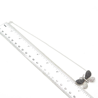 925 Sterling Silver Real Black Spinel Gem & C Z Butterfly Chain Necklace 16"