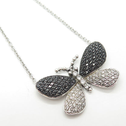925 Sterling Silver Real Black Spinel Gem & C Z Butterfly Chain Necklace 16"