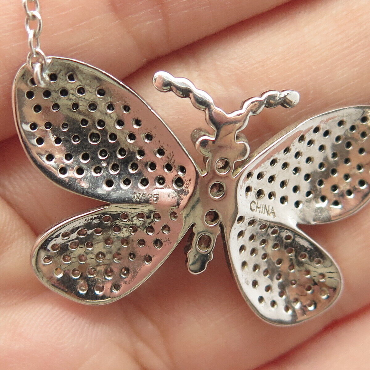 925 Sterling Silver Real Black Spinel Gem & C Z Butterfly Chain Necklace 16"