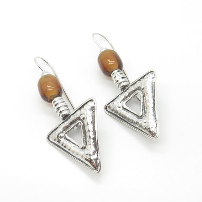 925 Sterling Silver Vintage Glass Hammered Finish Dangling Earrings