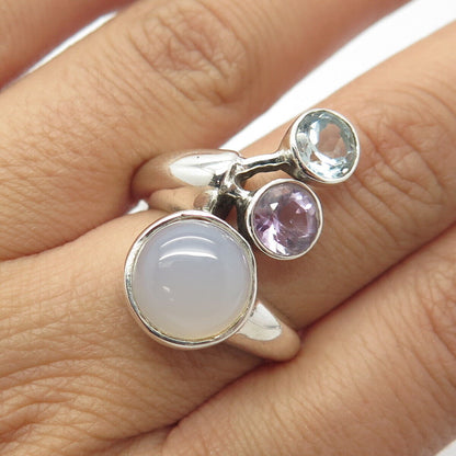 925 Sterling Silver Vintage Moonstone Blue Topaz & Amethyst Gem Ring Size 8.25