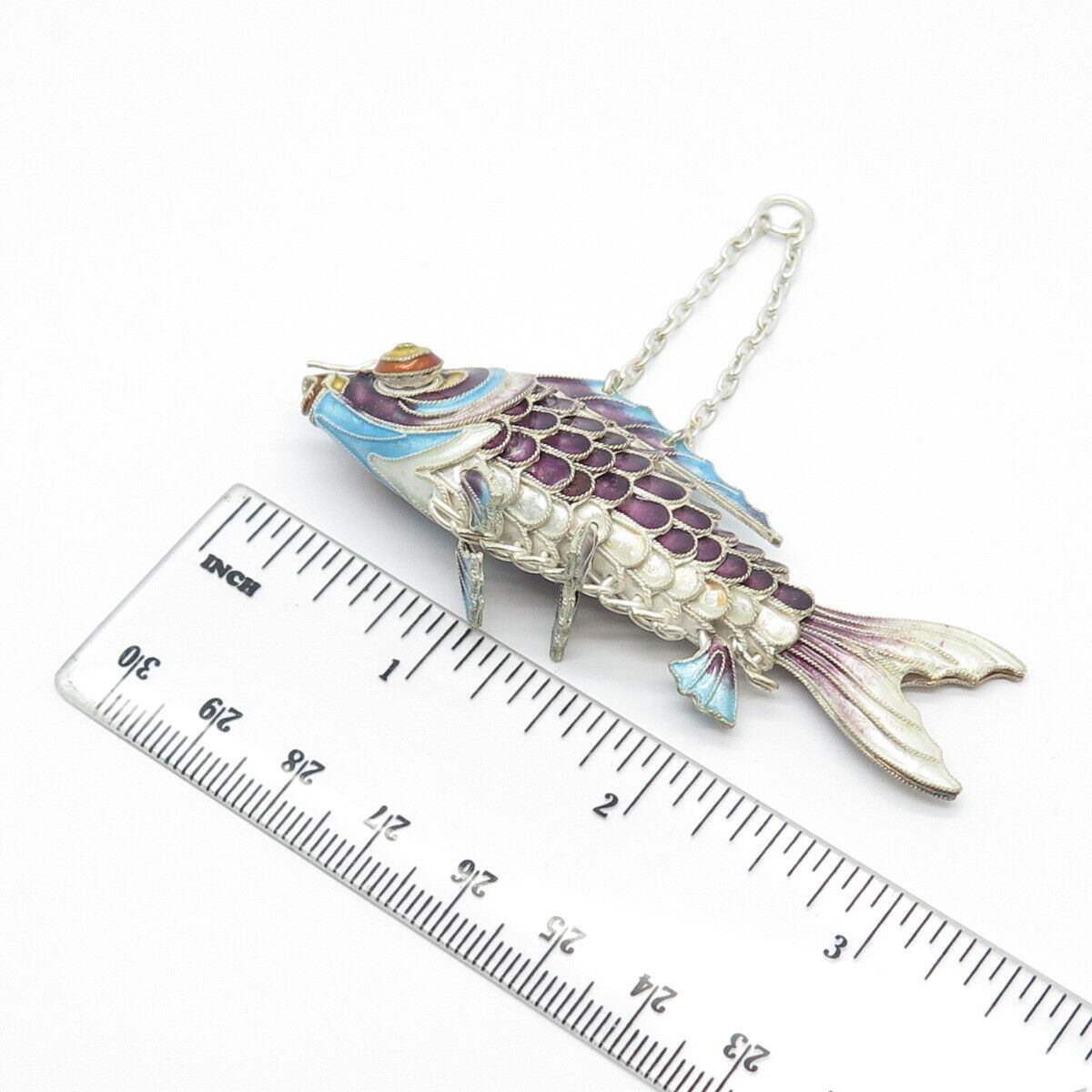 925 Sterling Silver Antique Enamel Chinese Koi Fish Chatelaine Fob / Pendant