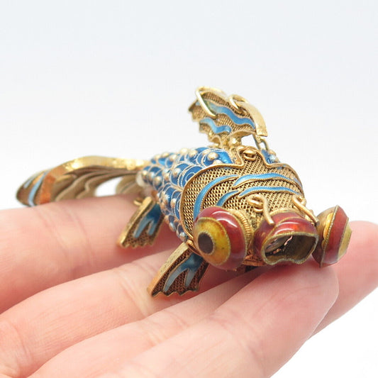 925 Sterling Silver Gold Plated Enamel Antique Chinese Koi Fish Pendant / Fob