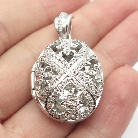 925 Sterling Silver STS Real White Diamond Ornate Oval Locket Pendant