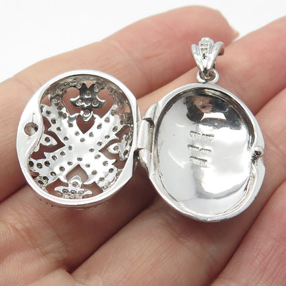 925 Sterling Silver STS Real White Diamond Ornate Oval Locket Pendant