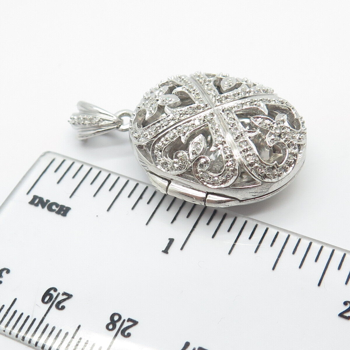 925 Sterling Silver STS Real White Diamond Ornate Oval Locket Pendant