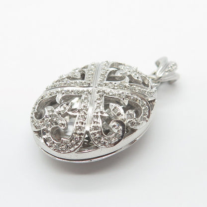 925 Sterling Silver STS Real White Diamond Ornate Oval Locket Pendant