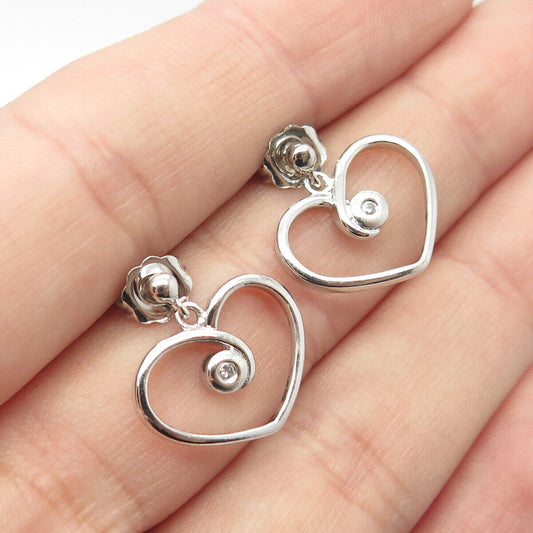 925 Sterling Silver Real Diamond Heart Dangling Earrings