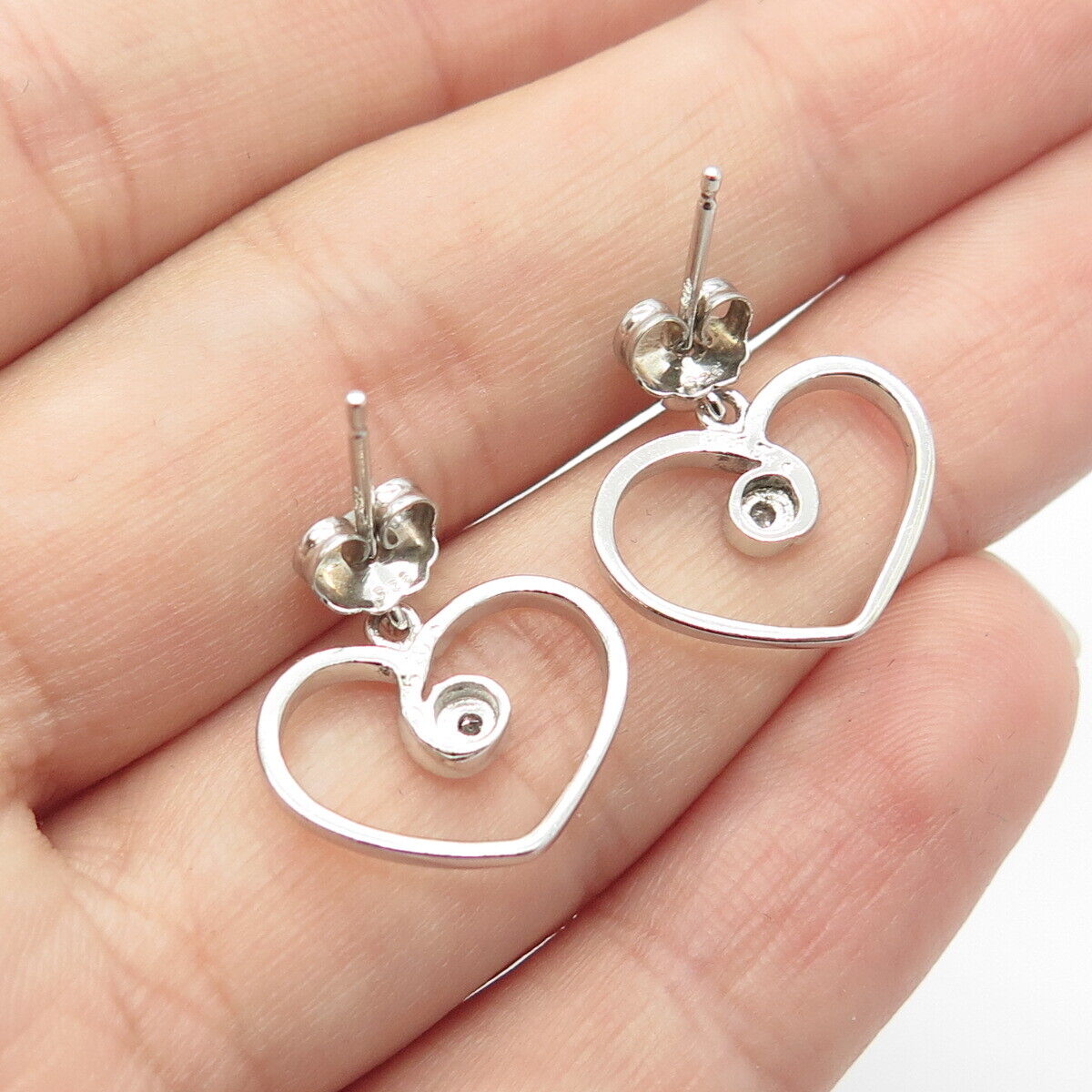 925 Sterling Silver Real Diamond Heart Dangling Earrings