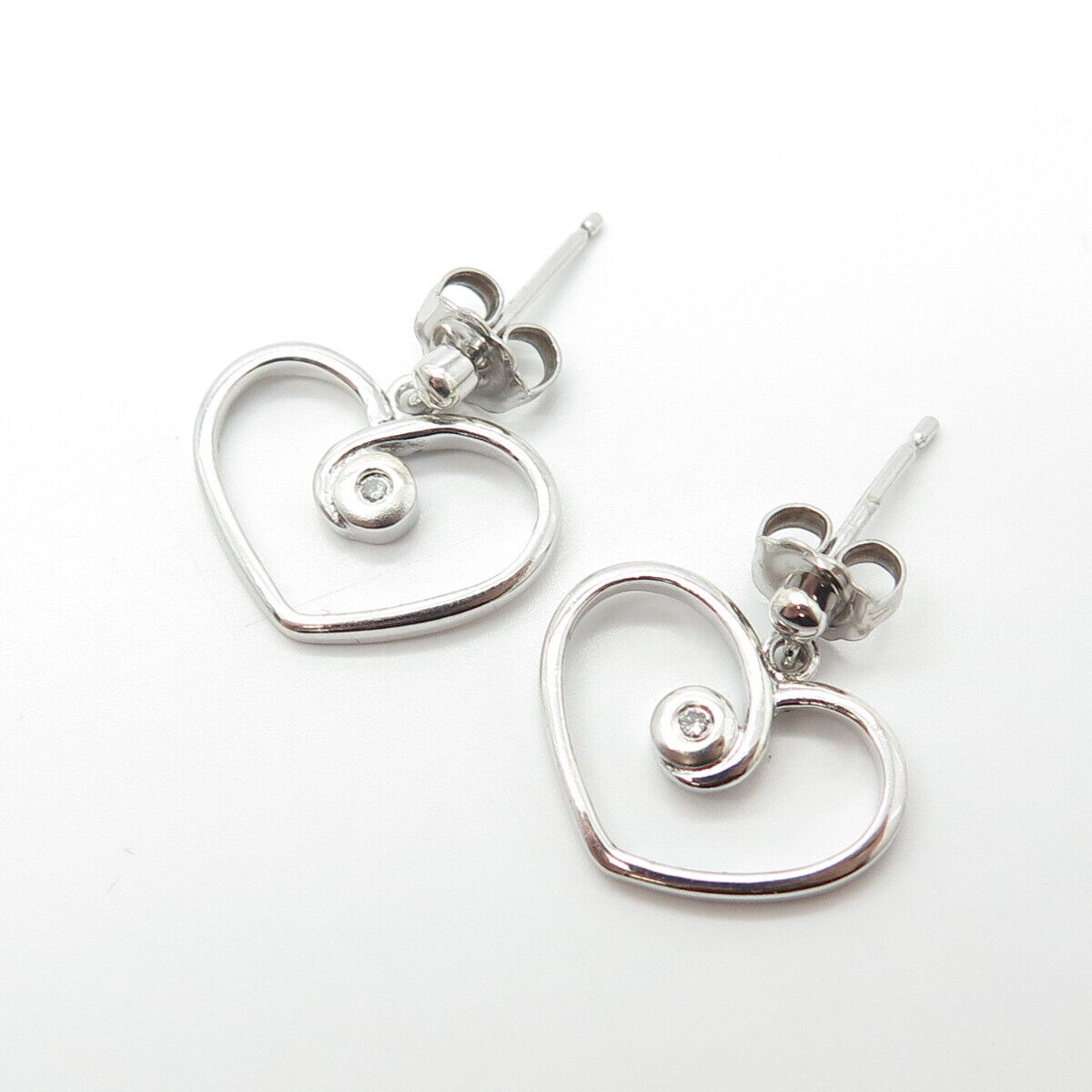 925 Sterling Silver Real Diamond Heart Dangling Earrings