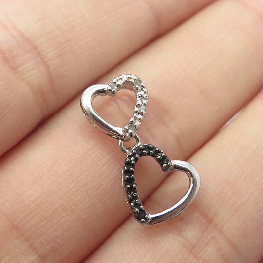 925 Sterling Silver Real White & Black Diamond Loving Open Heart Pendant