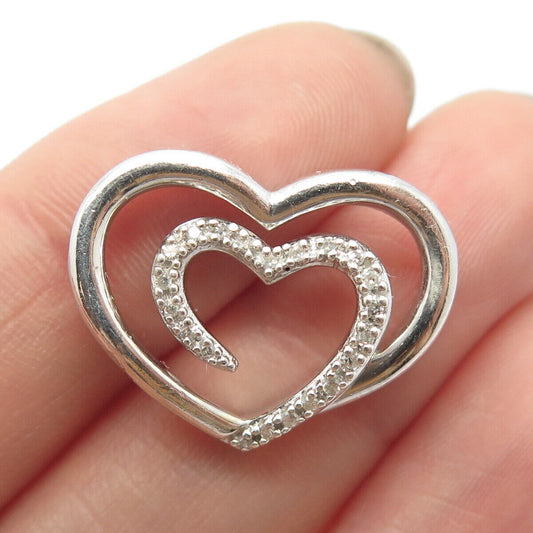 925 Sterling Silver Real White Diamond Double Heart Slide Pendant