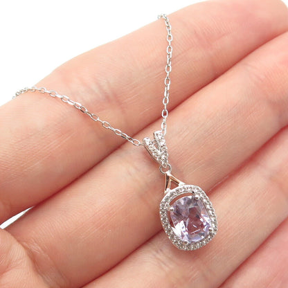 925 Sterling Silver / 10K Gold Italy Real Diamond & Amethyst Chain Necklace 18"