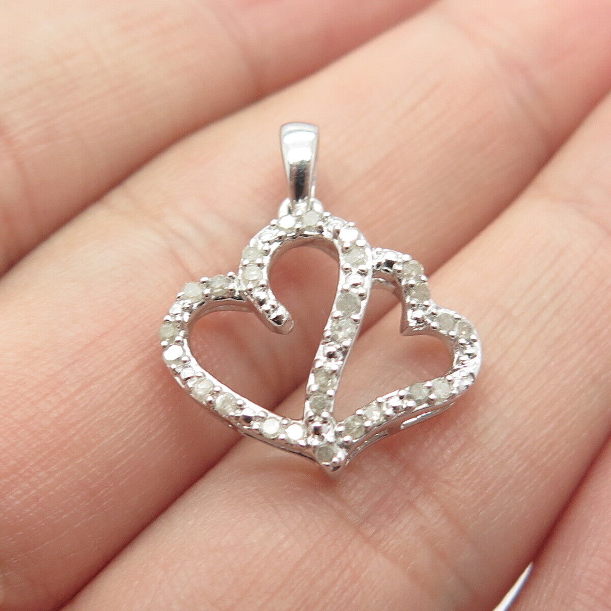 925 Sterling Silver Real White Diamond Couple of Hearts Pendant