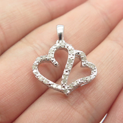 925 Sterling Silver Real White Diamond Couple of Hearts Pendant