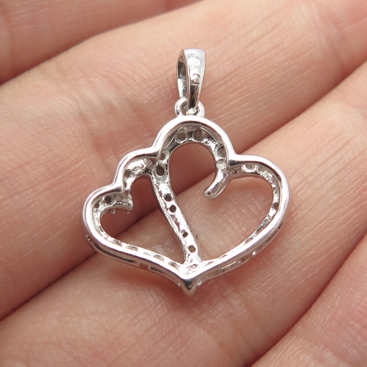 925 Sterling Silver Real White Diamond Couple of Hearts Pendant