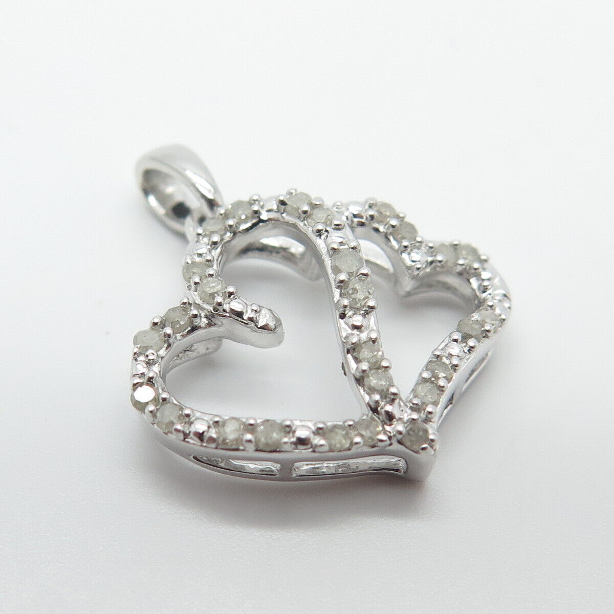 925 Sterling Silver Real White Diamond Couple of Hearts Pendant