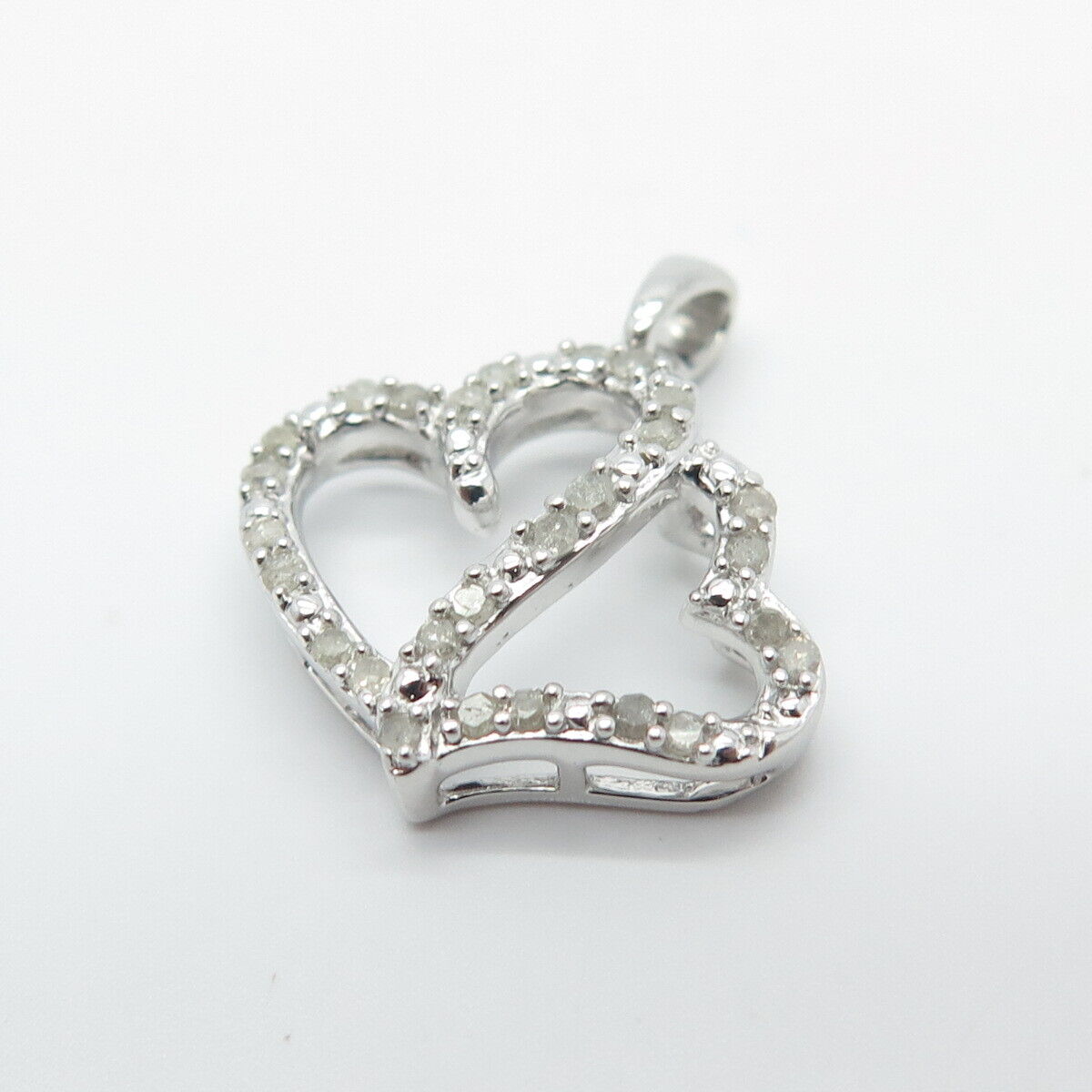 925 Sterling Silver Real White Diamond Couple of Hearts Pendant