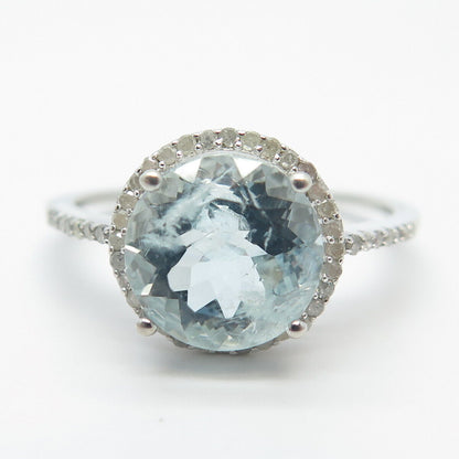 925 Sterling Silver Real White Diamond & Blue Topaz Gemstone Ring Size 11.75