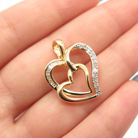 925 Sterling Silver Gold Plated SUN Real White Diamond Open Double Heart Pendant