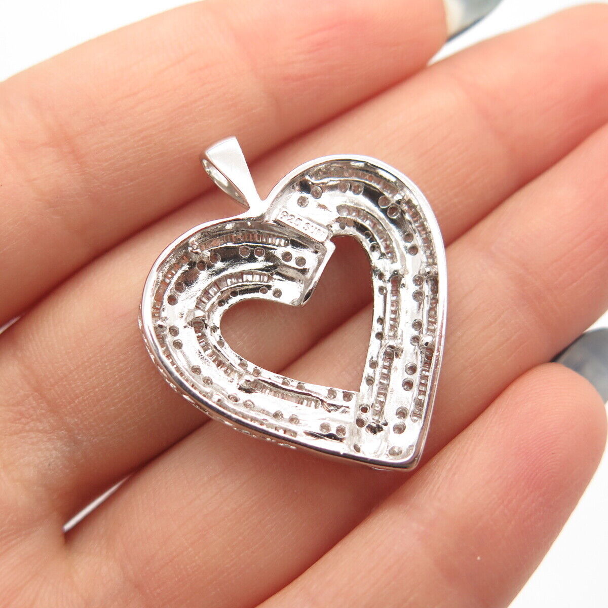 925 Sterling Silver SUN Real White Diamond Open Double Heart Pendant