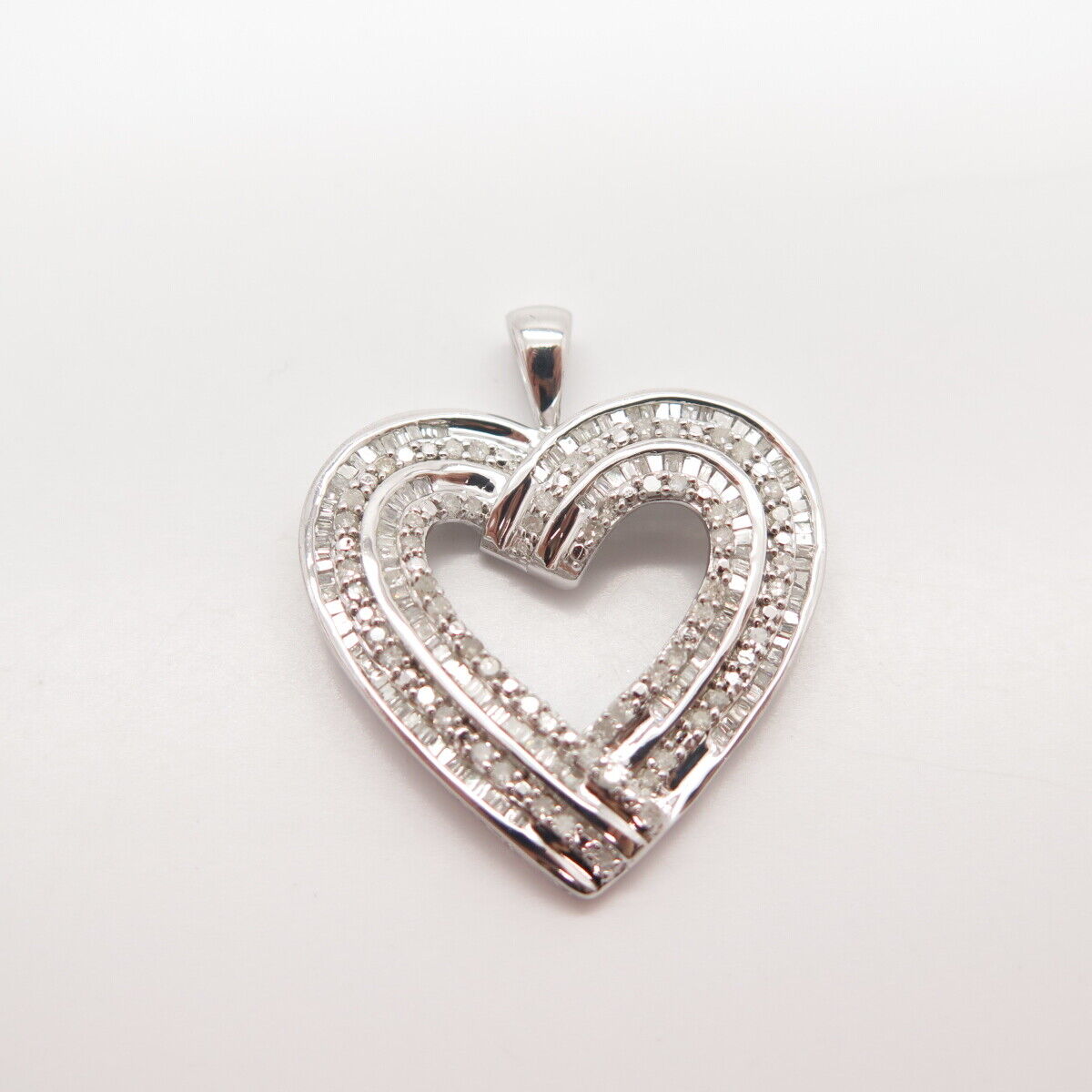 925 Sterling Silver SUN Real White Diamond Open Double Heart Pendant