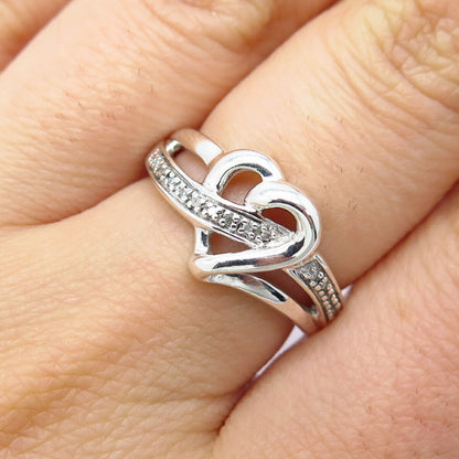 925 Sterling Silver Real Diamond Heart Ring Size 6.75