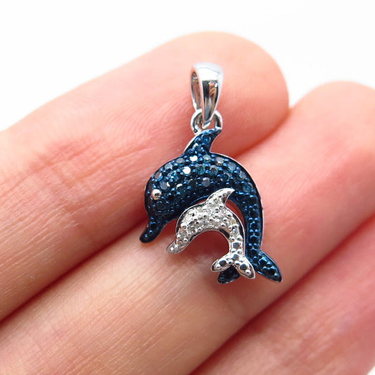 925 Sterling Silver SUN Real White & Blue Diamond Friendly Dolphins Pendant