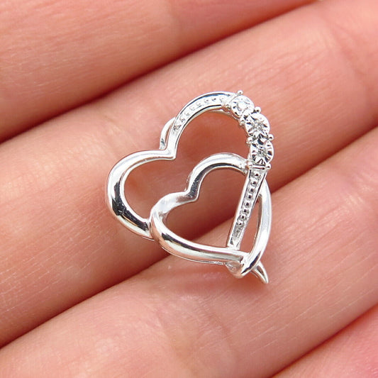 925 Sterling Silver Real Diamond Double Heart Slide Pendant