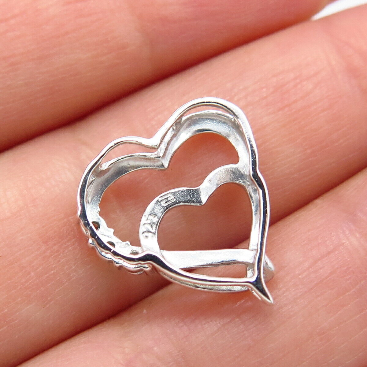 925 Sterling Silver Real Diamond Double Heart Slide Pendant