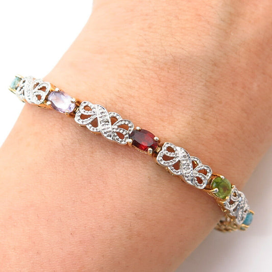 925 Sterling Silver Gold Plated Diamond Accent Multi-Color Gem Link Bracelet 7"