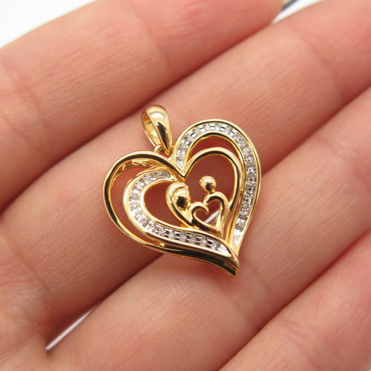 925 Sterling Silver Gold Plated Real White Diamond Mom Baby Open Heart Pendant