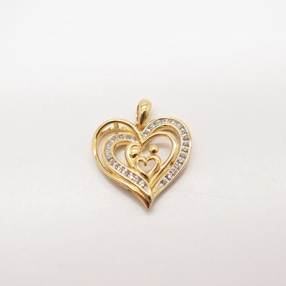 925 Sterling Silver Gold Plated Real White Diamond Mom Baby Open Heart Pendant