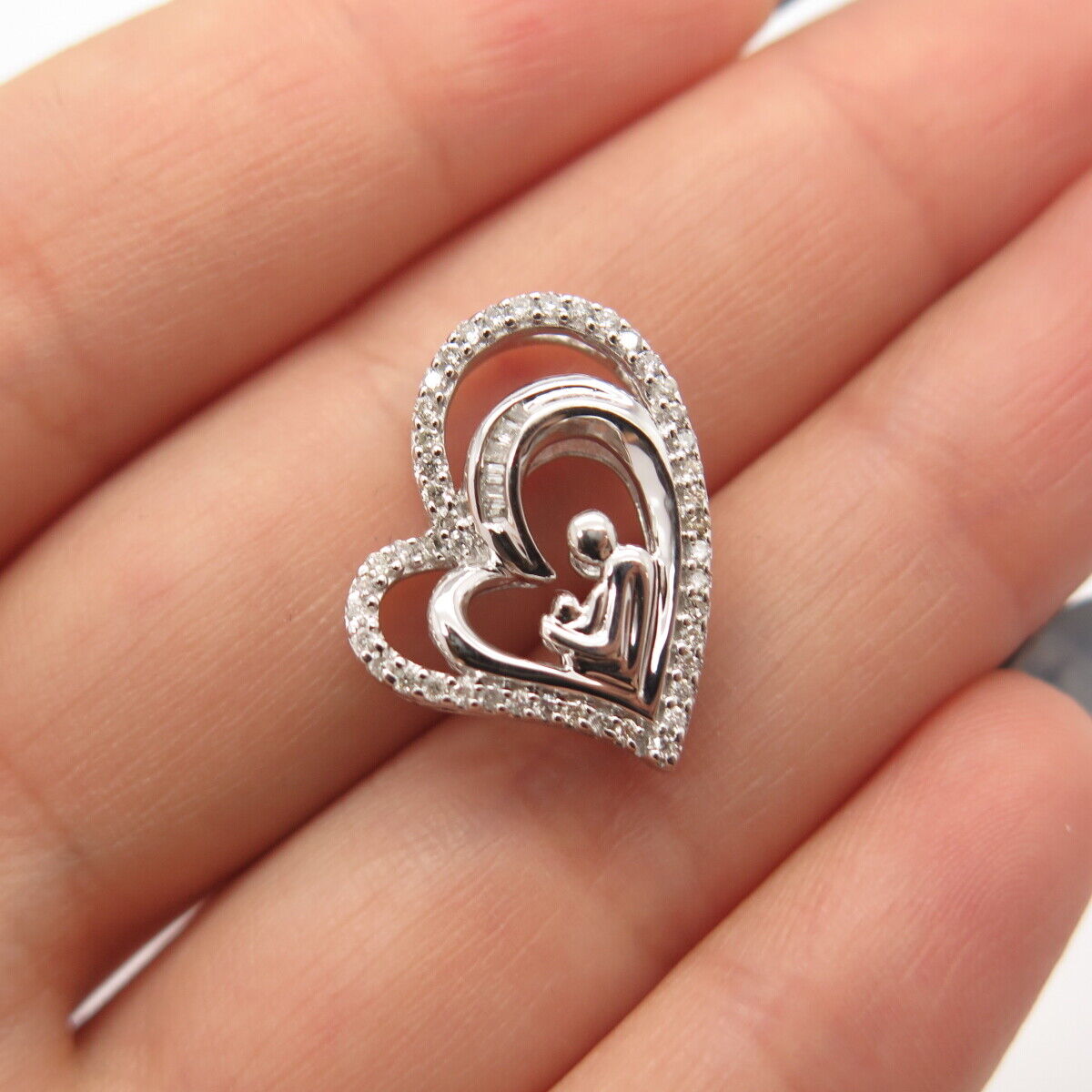 925 Sterling Silver SUN Real White Diamond Mom & Baby Open Heart Slide Pendant