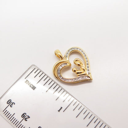 925 Sterling Silver Gold Plated SUN Real White Diamond Mom & Baby Heart Pendant