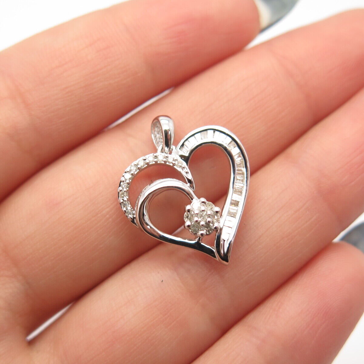 925 Sterling Silver SUN Real White Diamond Open Heart Pendant